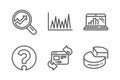 Line graph, Refresh website and Analytics icons set. Question mark, Graph laptop and Pie chart signs. Vector