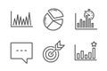 Line graph, Target and Report timer icons set. Blog, Pie chart and Efficacy signs. Market diagram, Targeting. Vector