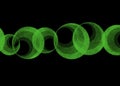 Line of green hypnotic circles on black background