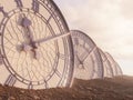 A line of half buried antique clocks