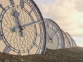 A line of half buried antique clocks