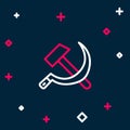 Line Hammer and sickle USSR icon isolated on blue background. Symbol Soviet Union. Colorful outline concept. Vector Royalty Free Stock Photo