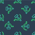 Line Hammer and sickle USSR icon isolated seamless pattern on blue background. Symbol Soviet Union. Vector Royalty Free Stock Photo