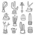 Line Hand Drawn Doodle Cactus Vector Set.