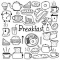 Line Hand Drawn Doodle Vector Breakfast Set. Royalty Free Stock Photo