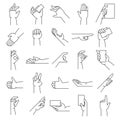 Line hand gestures. Pointing gesture, hold in hands and like icon vector illustration set