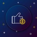Line Hand holding coin icon isolated on blue background. Dollar or USD symbol. Cash Banking currency sign. Colorful