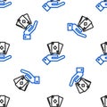 Line Hand holding deck of playing cards icon isolated seamless pattern on white background. Casino gambling. Colorful Royalty Free Stock Photo