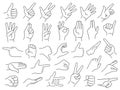 Line hands gestures. Like and dislike hand gesture icon, pointing finger and strong fist icons vector illustration set Royalty Free Stock Photo