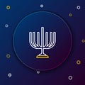 Line Hanukkah menorah icon isolated on blue background. Hanukkah traditional symbol. Holiday religion, jewish festival Royalty Free Stock Photo