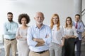 Line of happy and positive business people standing in the office