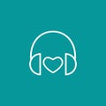 Line headphones with heart icon. Flat vector earphones isolated on blue. Royalty Free Stock Photo