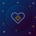 Line Heart with a cross icon isolated on blue background. First aid. Healthcare, medical and pharmacy sign. Colorful Royalty Free Stock Photo