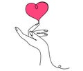 One continuous line drawing of hands holding heart. Concept of love relationship symbol in simple linear style. Royalty Free Stock Photo