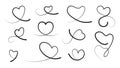 Line hearts, curved heart calligraphy element. Black liner or brush swoosh, lettering tails isolated vector set. Decor