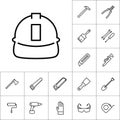 Line helmet icon on white background, construction set