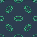 Line Hockey puck icon isolated seamless pattern on blue background. Sport equipment. Vector Royalty Free Stock Photo