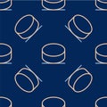 Line Hockey puck icon isolated seamless pattern on blue background. Vector