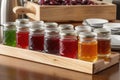 line of homemade jams and jellies in glass jars on wooden rack