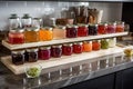 line of homemade jams and jellies in glass jars on wooden rack