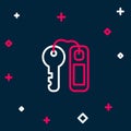 Line Hotel door lock key with number tag icon isolated on blue background. Colorful outline concept. Vector Royalty Free Stock Photo