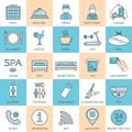 25 line hotel services icons. Color block. Logo, glyphs and pictogram collection. Vector