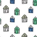 Line houses scandinavian hut ornament. Vector hand drawn seamless pattern.