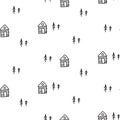 Line houses scandinavian ornament. Vector hand drawn hut seamless pattern.