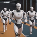 A line of humanoid robots running on a track