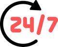 Line icon of 24 hours as symbol of 24-hour support, execution or maintenance