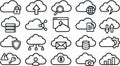 Line icon cloud computing set showing twenty outline symbols in grid including upload download mail database security gear search Royalty Free Stock Photo
