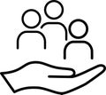 Line icon of group of people on palm as an employee protection concept Royalty Free Stock Photo