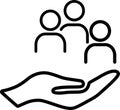 Line icon of group of people on palm as an employee protection concept Royalty Free Stock Photo