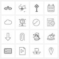 Line Icon Set of 16 Modern Symbols of overcast, cloud, two way sign board, year, date