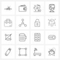 Line Icon Set of 16 Modern Symbols of suit case, case, potato, business, glass