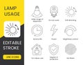 Line icon set in vector for lamp packaging, technical specifications illustration, wide range of dispersion and do not