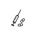 Line icon. Syringe and tablets.