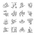 Travel activities line icon set. Included the icons as sailing, skiing, parachute, horse riding, biking, cycling and more.