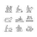 Line icons farming and agriculture Agronomy symbols, people, animals, farm field, agricultural equipment, tractor