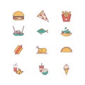 Line icons with flat design elements of food and beverages, cafe menu items, popular healthy and fast-food culinary objects. Royalty Free Stock Photo