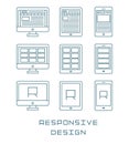 Line icons set flat design responsive web development service, website webpage user interface on different devices