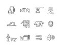 Line icons set of hunting fishing camping.