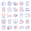 Line icons set. Included icon as Delete purchase, Award cup, Gift box. Vector