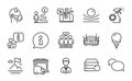 Line icons set. Included icon as Elastic material, Travel loan, Employees group. Vector