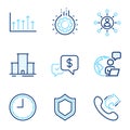 Line icons set. Included icon as Security, Time, Share call signs. Networking, University campus, Gear symbols. Vector