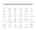 Line icons set. Online healthcare and medicine pack.