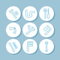 Line icons set for plumbing service. Bath, faucet, toilet, tools, washbasin and pipes vector illustration. Royalty Free Stock Photo