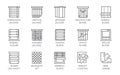 15 line icons of various designs of curtains, blinds, jalousie, mosquito nets and remote control. Vector labels isolated