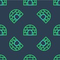 Line Igloo ice house icon isolated seamless pattern on blue background. Snow home, Eskimo dome-shaped hut winter shelter Royalty Free Stock Photo