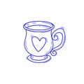 Line illustration of exquisite mug, cup of tea or coffee with heart in doodle style isolated on a white background Royalty Free Stock Photo